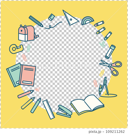 シンプルな文房具のイラストセット フレーム パステルカラー シンプルな文房具のイラストセット フレーム パステルカラー 109211262