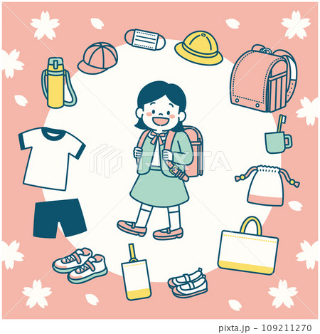 小学校に入学するランドセルを背負った新一年生と文房具のイラストセット パステルカラー 小学校に入学するランドセルを背負った新一年生と文房具のイラストセット パステルカラー 109211270