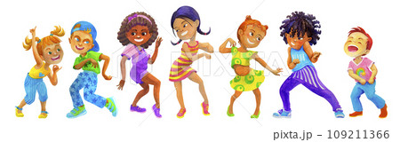 Group of happy multicultural school age boys and girls dancing, having fun together. Kids party concept. Isolated watercolor illustration for children dancing party design, cards, invitations, posters Group of happy multicultural school age boys and girls dancing, having fun together. Kids party concept. Isolated watercolor illustration for children dancing party design, cards, invitations, posters 109211366