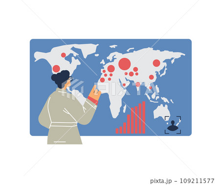 Scientist woman looks at the map, flat vector illustration on white Scientist woman looks at the map, flat vector illustration on white 109211577
