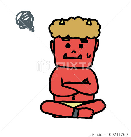腕を組んで悩む赤鬼のイラスト 109211769