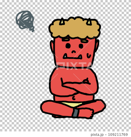 紅色惡魔雙臂交叉憂心忡忡的插圖 紅色惡魔雙臂交叉憂心忡忡的插圖 109211769