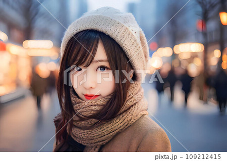 冬の街の若い女性【AI生成画像】 109212415