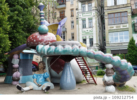 Kiev, Ukraine July 13, 2021: Children's playground with fairy-tale characters in the Kiev courtyard Kiev, Ukraine July 13, 2021: Children's playground with fairy-tale characters in the Kiev courtyard 109212754