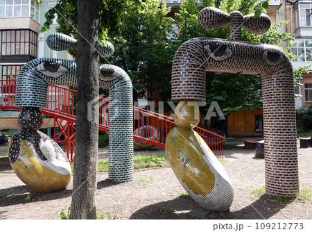 Kiev, Ukraine July 13, 2021: Children's playground with fairy-tale characters in the Kiev courtyard 109212773