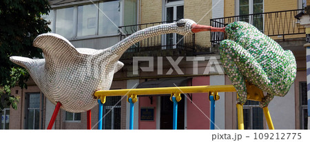 Kiev, Ukraine July 13, 2021: Children's playground with fairy-tale characters in the Kiev courtyard Kiev, Ukraine July 13, 2021: Children's playground with fairy-tale characters in the Kiev courtyard 109212775