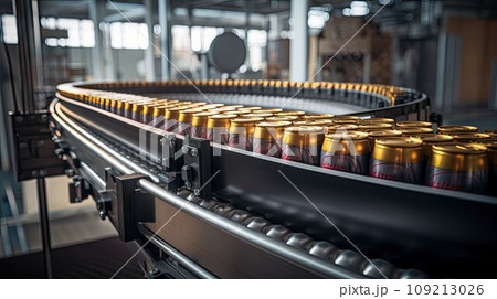 Moving yellow aluminium beer cans on conveyor belt Moving yellow aluminium beer cans on conveyor belt 109213026