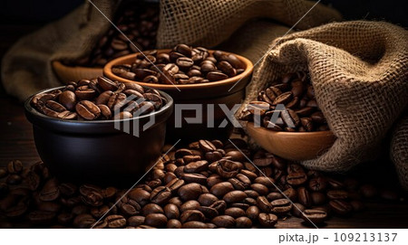 Fresh tasty coffee grains in brown old sack 109213137