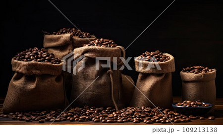 Fresh tasty coffee grains in brown old sack 109213138