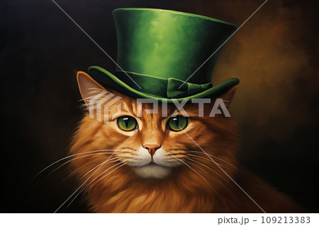 Mischievous Feline in a Vibrant Green Top Hat. St.Patricks Day. Mischievous Feline in a Vibrant Green Top Hat. St.Patricks Day. 109213383
