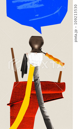 Development of creative thoughts. Young woman, marketing employee working with ideas and promotion. Contemporary art collage. Development of creative thoughts. Young woman, marketing employee working with ideas and promotion. Contemporary art collage. 109213530