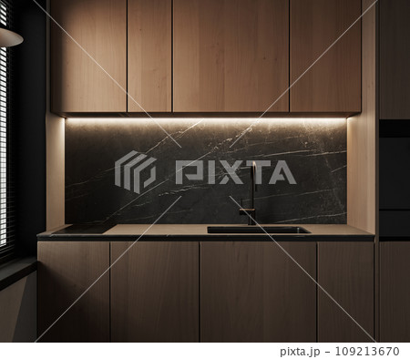 Modern dark kitchen interior, wooden cabinets and black marble countertop, 3d rendering 109213670