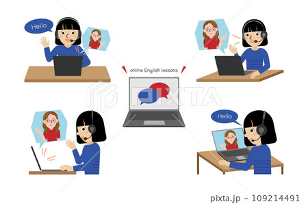 ヘッドホンを着用してオンライン英会話をしている黒髪の日本人女性の4つのアングルのイラストセット ヘッドホンを着用してオンライン英会話をしている黒髪の日本人女性の4つのアングルのイラストセット 109214491