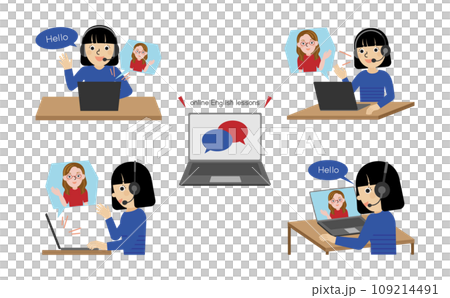 Illustration set of four angles of a black-haired Japanese woman wearing headphones and having an online English conversation 109214491