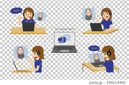 Illustration set of four angles of a Japanese woman wearing headphones and having an online English conversation Illustration set of four angles of a Japanese woman wearing headphones and having an online English conversation 109214492