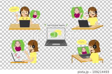 Illustration set of four angles of a Japanese woman wearing headphones and having an online English conversation Illustration set of four angles of a Japanese woman wearing headphones and having an online English conversation 109214493