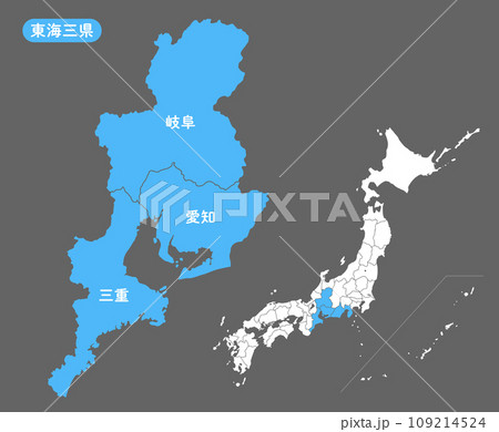 日本地図と東海三県の詳細マップ 日本地図と東海三県の詳細マップ 109214524