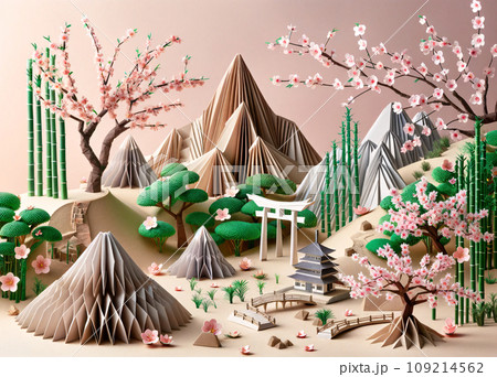 Origami Japanese Natural Landmarks with Sakura 109214562