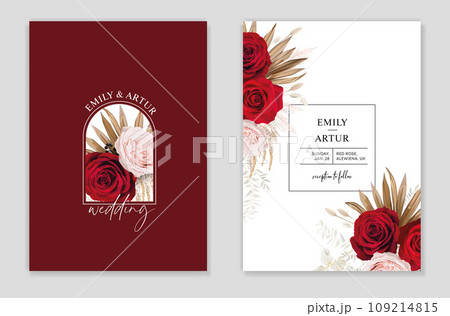 Bohemian red color wedding invite, save the date card greeting. Rose, dry palm branch, beige pampas grass, white leaves bouquet decoration. Winter editable watercolor vintage style vector illustration 109214815