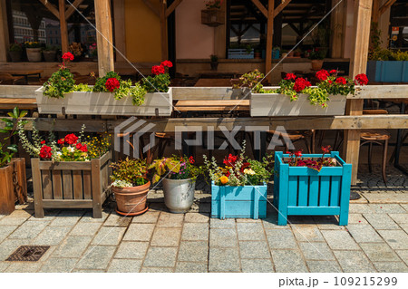 Town flowers in the big wooden pots on street. Interior street cafe with flowers in wooden pot 109215299