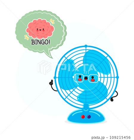 Air fan with speech bubble and brain character. Vector hand drawn cartoon kawaii character illustration. Isolated white background. Air ventilator poster and brain 109215456