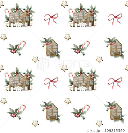 Watercolor seamless pattern with gingerbread cookies, candy canes, holly, pine branches and red ribbon bow on white Watercolor seamless pattern with gingerbread cookies, candy canes, holly, pine branches and red ribbon bow on white 109215560