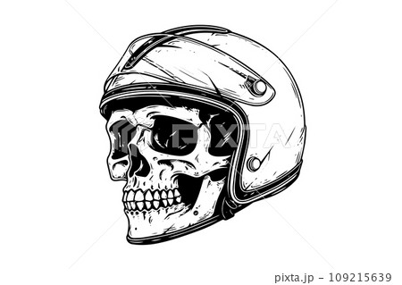 Skull in a motorcycle helmet hand drawn ink sketch. Engraved style vector illustration. 109215639