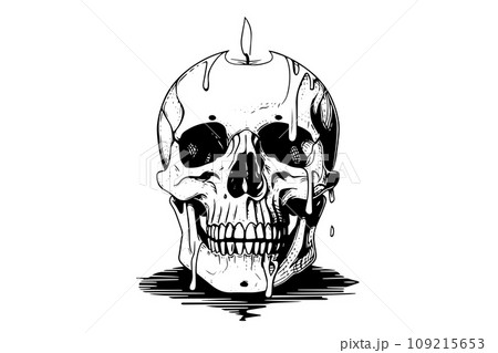 Scull with candle hand drawn ink sketch. Engraved style vector illustration. 109215653