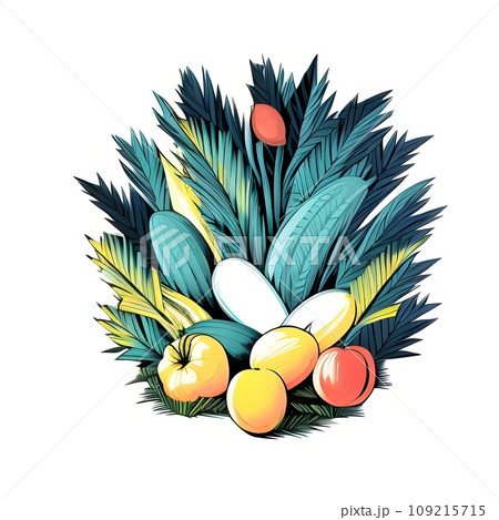 Isolated arrangement of fresh fruits and vegetables and leaves in illustrative style - Ai generated 109215715