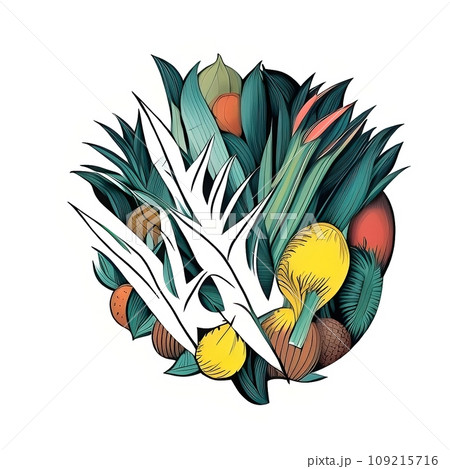 Isolated arrangement of fresh fruits and vegetables and leaves in illustrative style - Ai generated 109215716