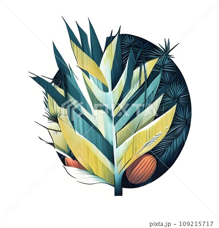 Isolated arrangement of fresh fruits and vegetables and leaves in illustrative style - Ai generated 109215717