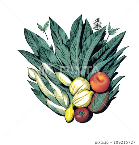 Isolated arrangement of fresh fruits and vegetables and leaves in illustrative style - Ai generated 109215727