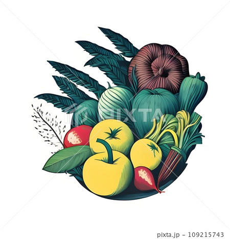 Isolated arrangement of fresh fruits and vegetables and leaves in illustrative style - Ai generated Isolated arrangement of fresh fruits and vegetables and leaves in illustrative style - Ai generated 109215743