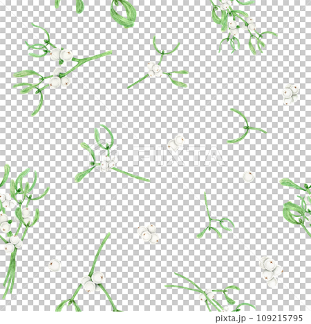 Seamless pattern of Mistletoe evergreen branches, leaves and white berries. Christmas symbol. Watercolor hand drawn botanical background for packing, textile, paper, winter prints, invitations, design 109215795