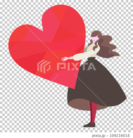 A woman with wavy hair holding a big heart in her hand A woman with wavy hair holding a big heart in her hand 109216018