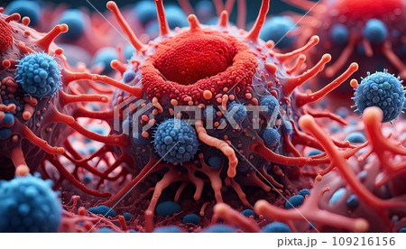 Lymphocytes cell in the immune system reacting and attacking a migrating and spreading cancer cell - AI generated 109216156