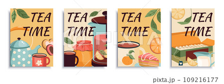 Tea time cover brochure set in flat design. Poster templates with cozy kettle, mugs and cups with beverage, honey or jam, milk in jar, lemons, cakes, cookies, tea packages in box. Vector illustration. 109216177