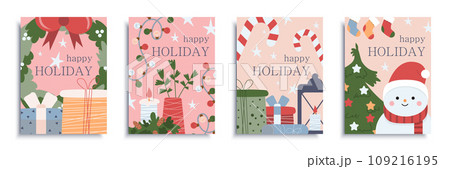 Happy holiday cover brochure set in flat design. Poster templates with festive decor, wreath, gifts, light garlands, lantern, candies, tree with toys, snowman in Santa Claus hat. Vector illustration. 109216195