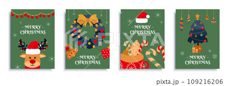 Merry Christmas 2024 cover brochure set in flat design. Poster templates with cute reindeer in Santa Claus hat, wreath with bow, tree with toys, lollipop, other New Year decor. Vector illustration. 109216206