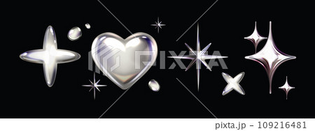 3D chrome y2k shape set, vector silver liquid star, futuristic metal glossy heart steel sticker.  3D chrome y2k shape set, vector silver liquid star, futuristic metal glossy heart steel sticker.  109216481