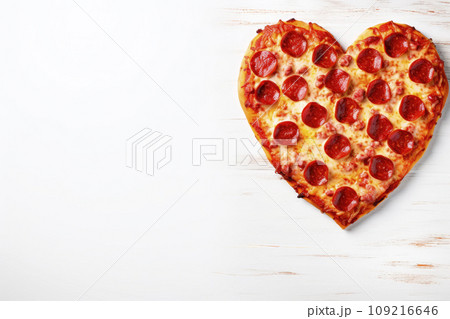 pepperoni pizza in form of heart for valentines day on white wooden background with copy space. Top view pepperoni pizza in form of heart for valentines day on white wooden background with copy space. Top view 109216646