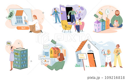 Real estate search. Vector illustration Buying residential property with mortgage required careful financial planning People looking for home explored different neighborhoods and property types Real estate search. Vector illustration Buying residential property with mortgage required careful financial planning People looking for home explored different neighborhoods and property types 109216818