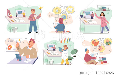 Child with tablet. Vector illustration. Using tablet for studying enhances childs learning experience and engagement The integration technology in education enables students to have more interactive 109216923