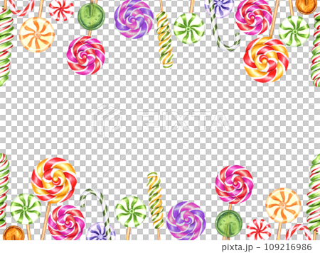 Horizontal frame of mix lollipops. Colorful spiral, circle candies, bonbon with striped swirls, sugar caramels on stick. Copy space for text. Watercolor illustration. Label, card 109216986