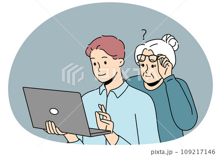Grandson help grandmother with computer 109217146