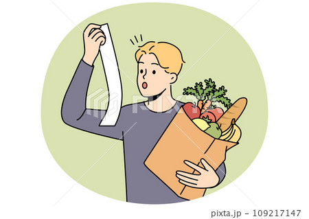 Stunned man shocked with prices on groceries Stunned man shocked with prices on groceries 109217147