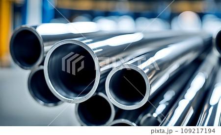 Close-ups of stored industrially manufactured metal steel pipes after production - AI generated 109217194
