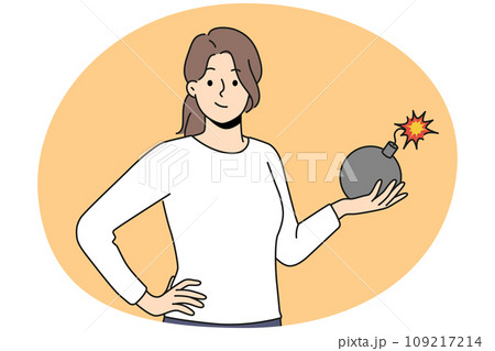 Smiling woman holding bomb in hands Smiling woman holding bomb in hands 109217214