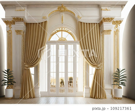 金色カーテンのある部屋の窓。豪華な部屋。AI生成画像。 金色カーテンのある部屋の窓。豪華な部屋。AI生成画像。 109217361