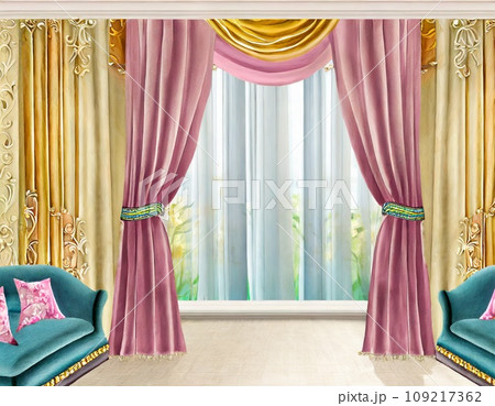 ピンクと金のカーテンのある部屋の窓。AI生成画像。 ピンクと金のカーテンのある部屋の窓。AI生成画像。 109217362